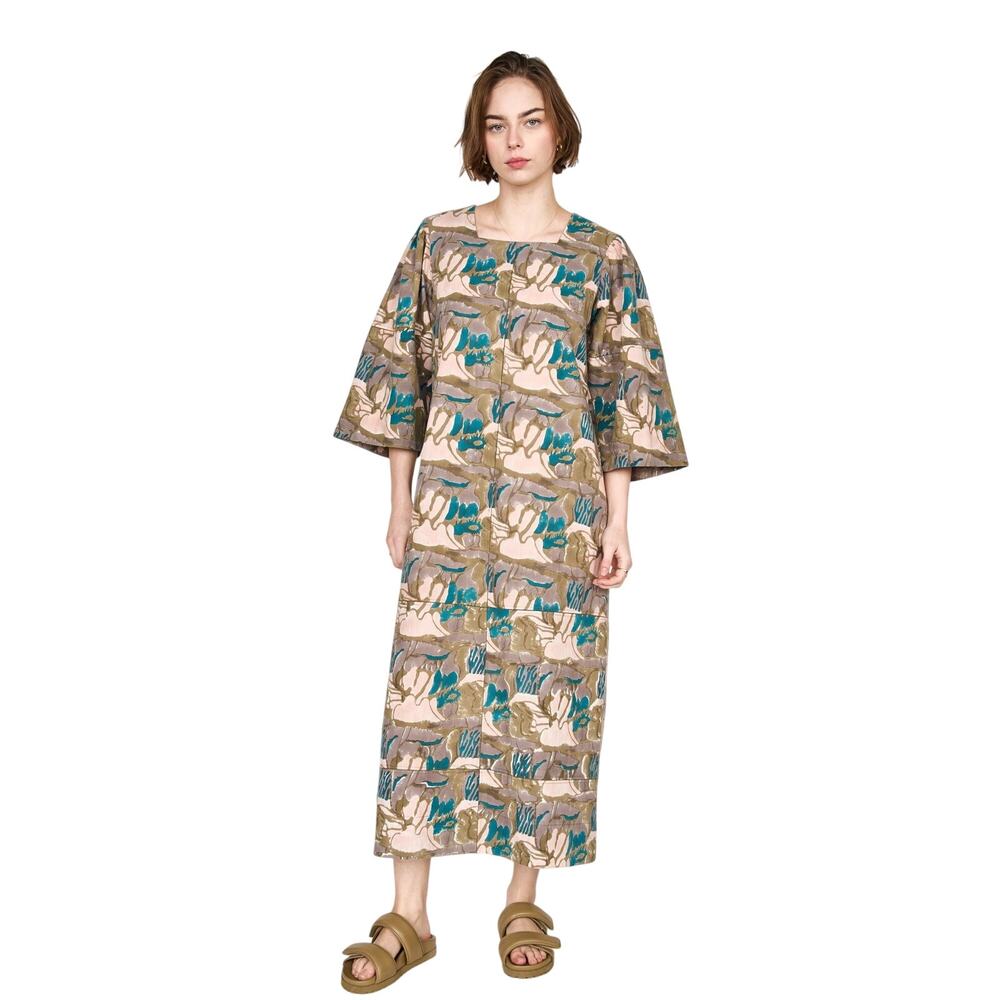 Mirth Moss Reef Provence Block Print Gathered Shoulder Midi Dress Size Medium